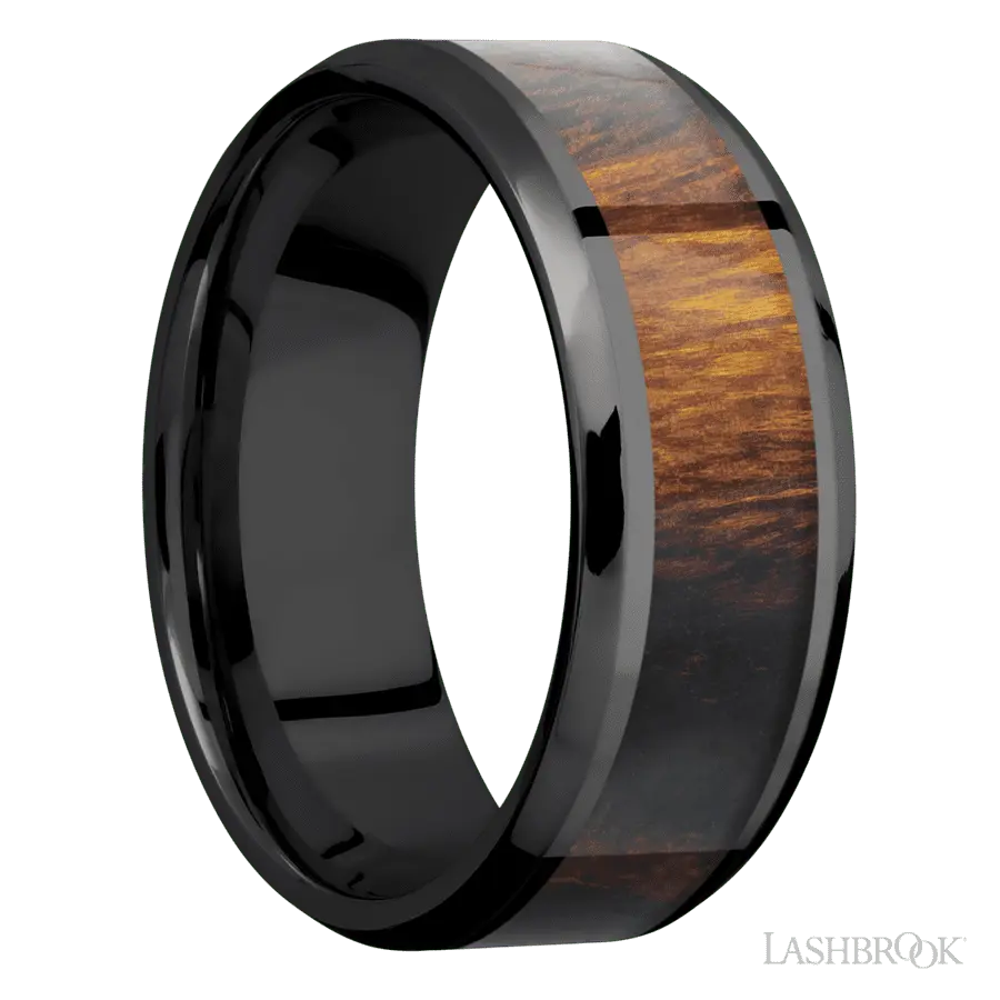 8 mm wide/Beveled/Zirconium band with one 5 mm Centered inlay of Desert Iron Wood.