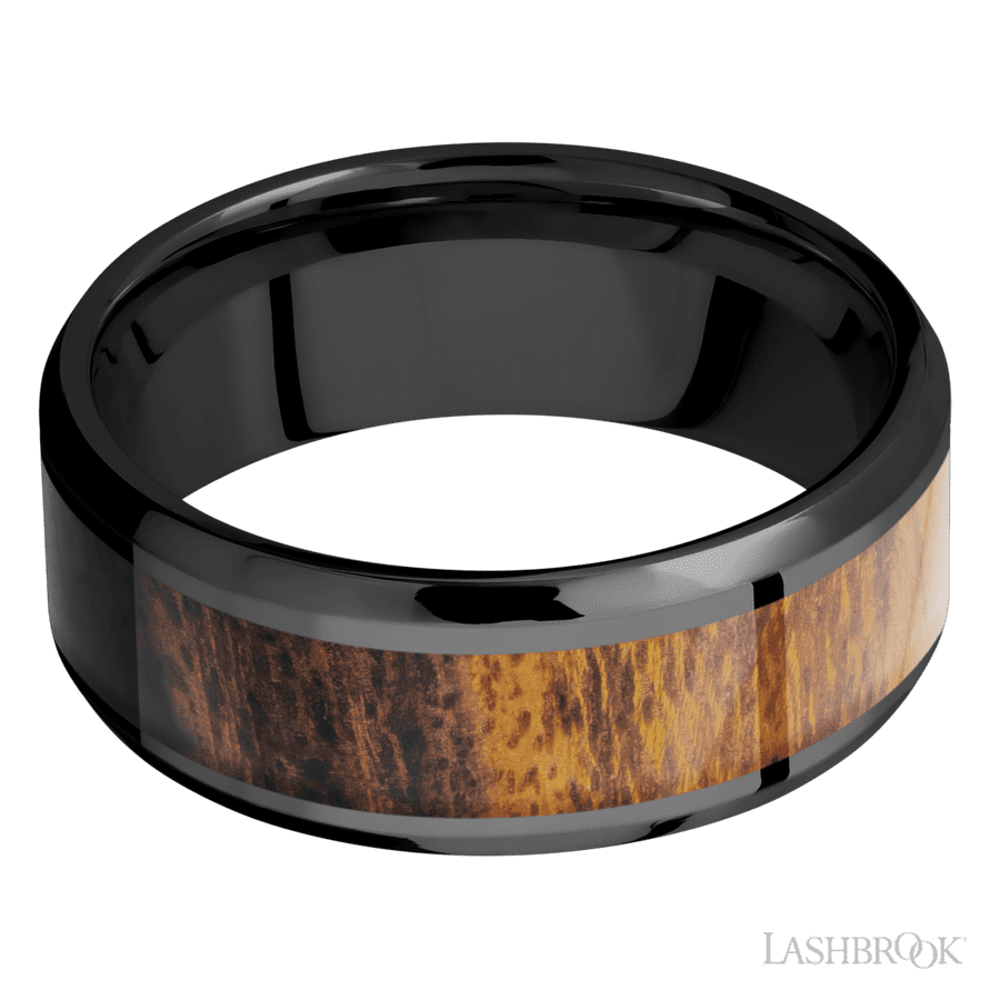 8 mm wide/Beveled/Zirconium band with one 5 mm Centered inlay of Desert Iron Wood.
