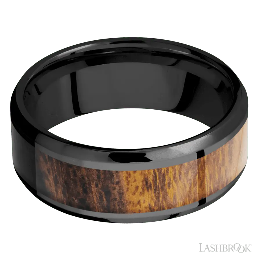 8 mm wide/Beveled/Zirconium band with one 5 mm Centered inlay of Desert Iron Wood.