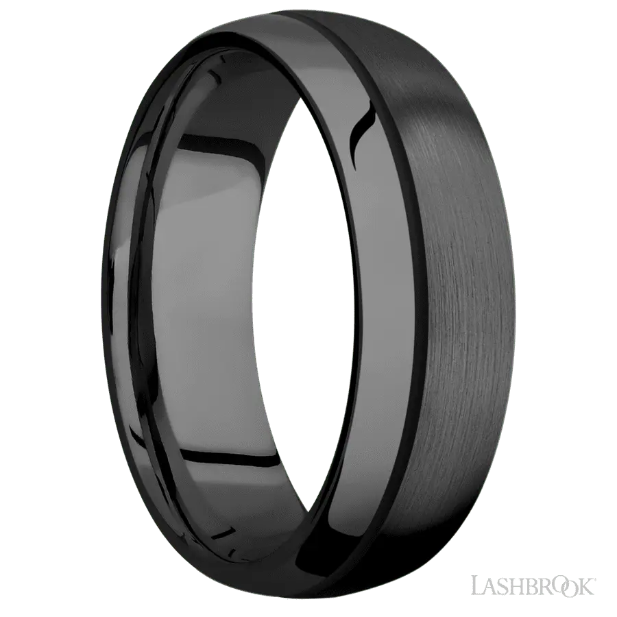 7 mm wide/Domed/Zirconium band with one 0.5 mm Off Center inlay of Black.