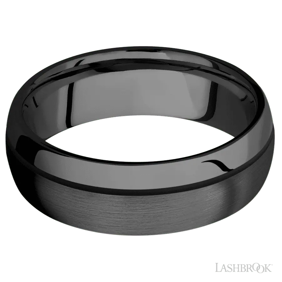 7 mm wide/Domed/Zirconium band with one 0.5 mm Off Center inlay of Black.