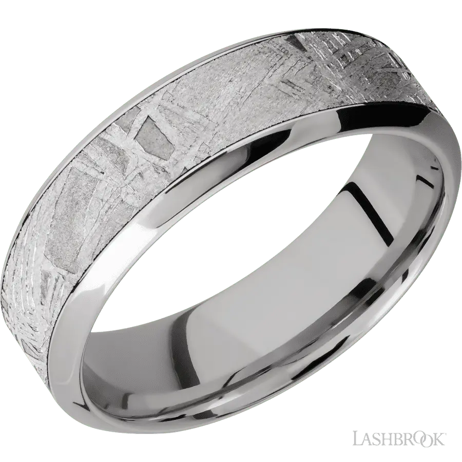 7 mm wide/High Bevel/18K White Gold band with one 4 mm Centered inlay of Meteorite. by Lashbrook | The Diamond Store Las Vega