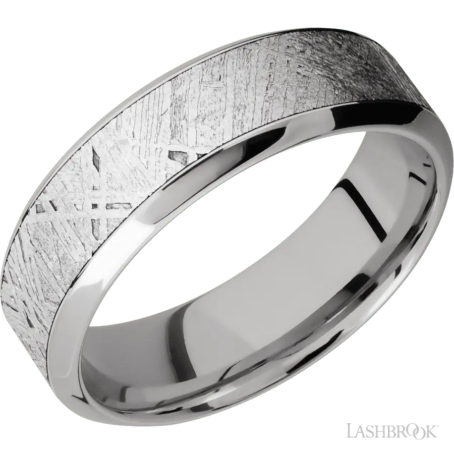 7 mm wide/High Bevel/18K White Gold band with one 4 mm Centered inlay of Meteorite.