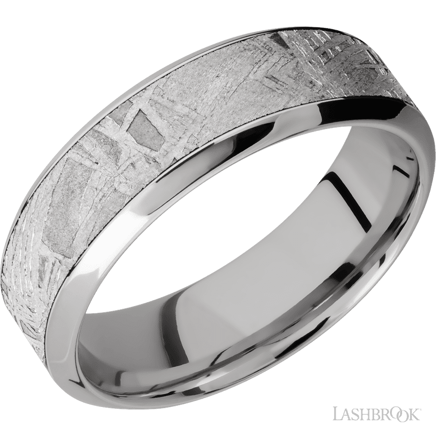 7 mm wide/High Bevel/18K White Gold band with one 4 mm Centered inlay of Meteorite.