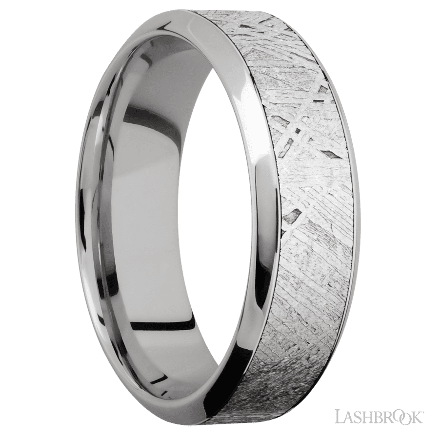 7 mm wide/High Bevel/18K White Gold band with one 4 mm Centered inlay of Meteorite.