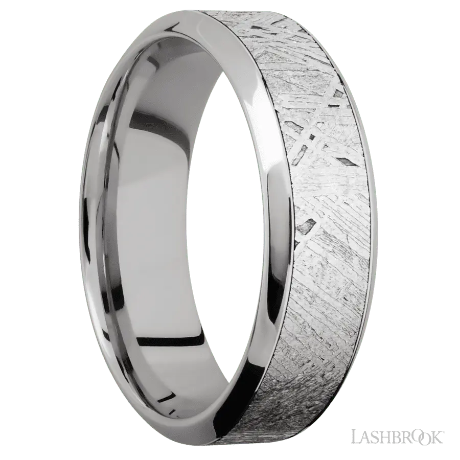 7 mm wide/High Bevel/18K White Gold band with one 4 mm Centered inlay of Meteorite.