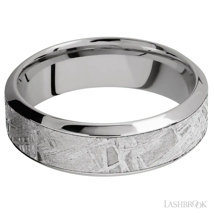 7 mm wide/High Bevel/18K White Gold band with one 4 mm Centered inlay of Meteorite.