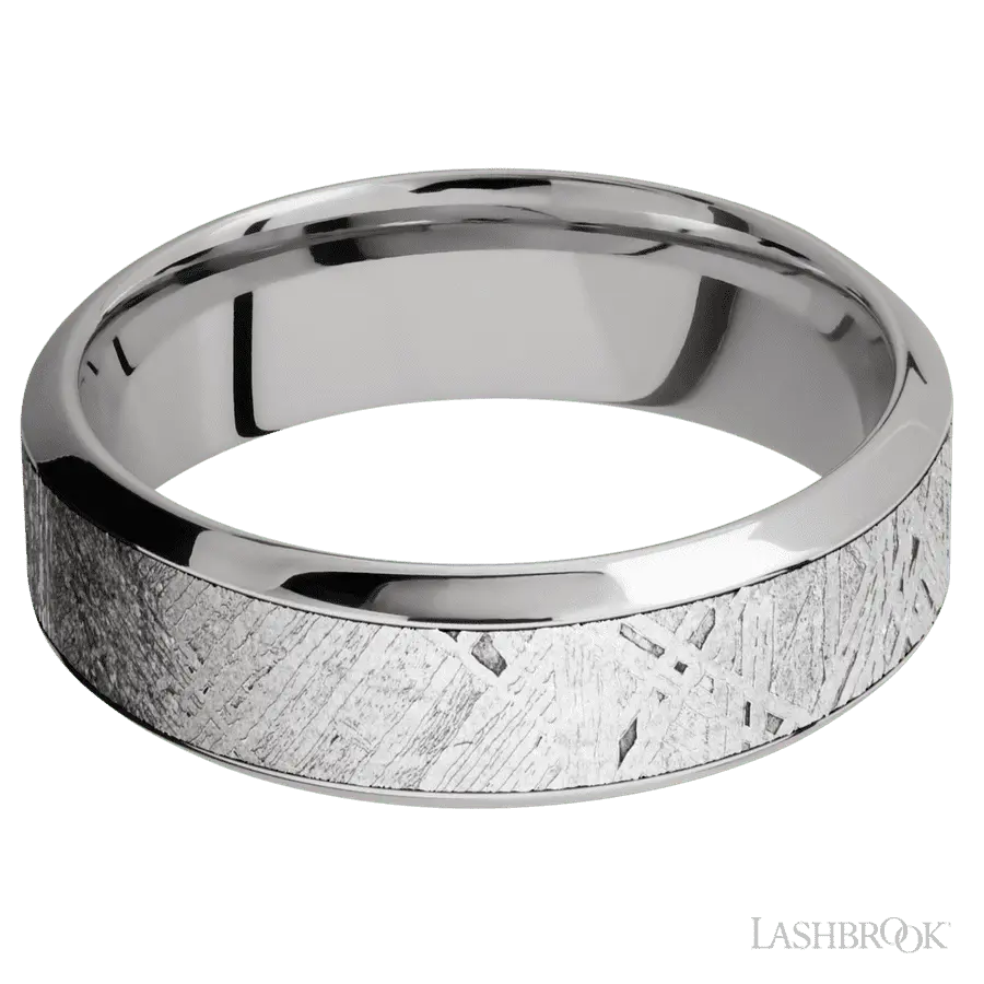 7 mm wide/High Bevel/18K White Gold band with one 4 mm Centered inlay of Meteorite.