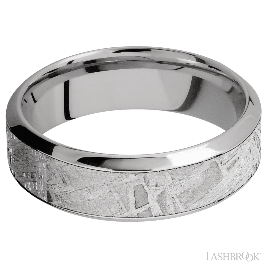 7 mm wide/High Bevel/18K White Gold band with one 4 mm Centered inlay of Meteorite.