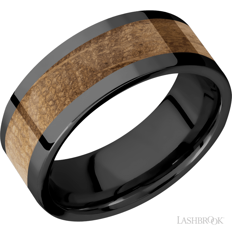 8 mm wide/Flat/Zirconium band with one 5 mm Centered inlay of Whiskey Barrel.