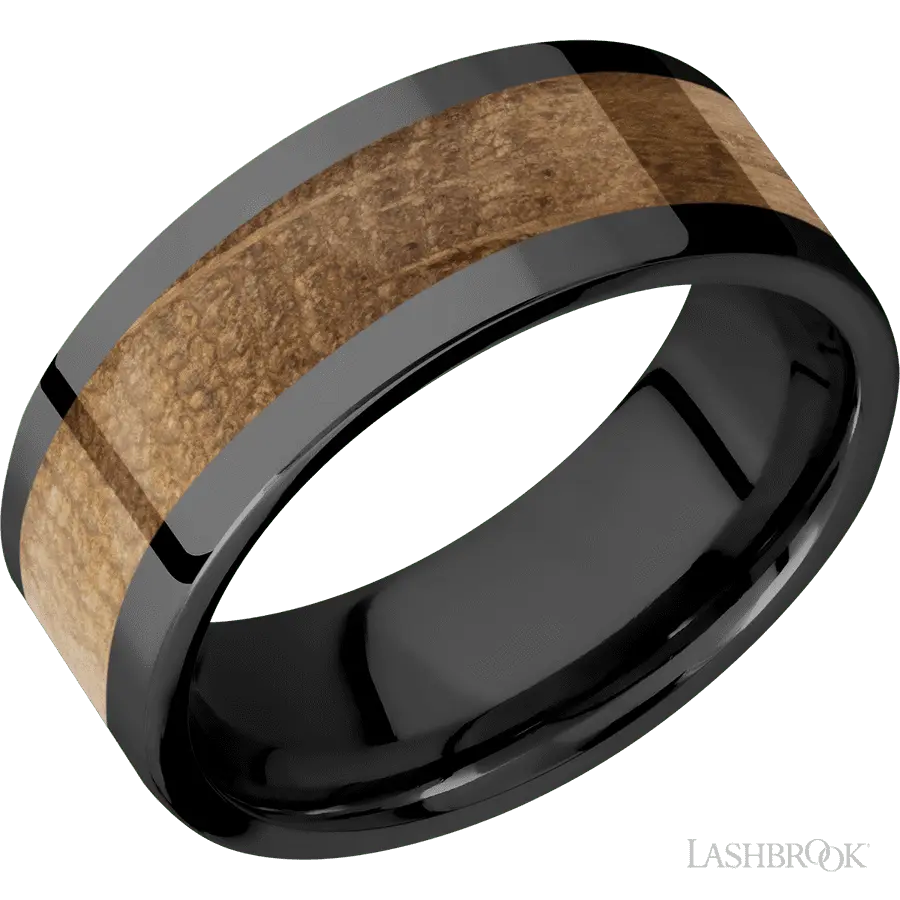 8 mm wide/Flat/Zirconium band with one 5 mm Centered inlay of Whiskey Barrel.