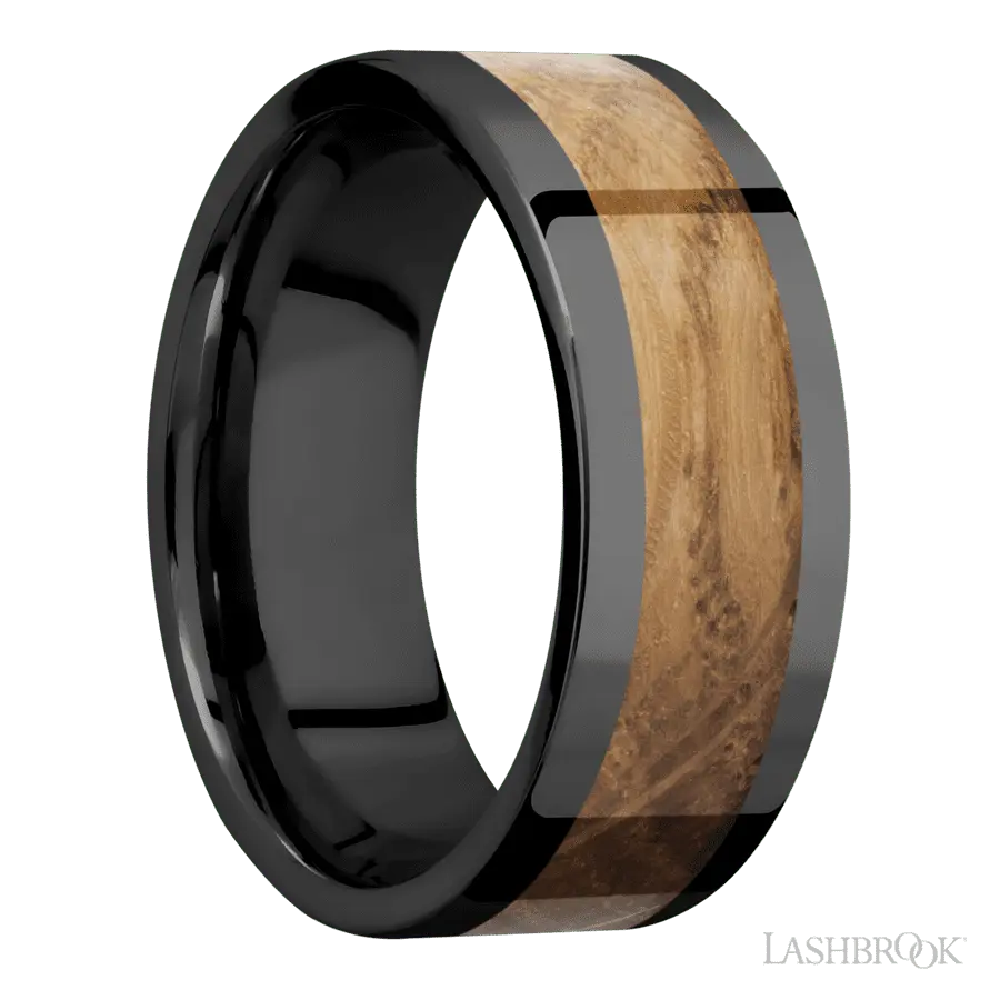 8 mm wide/Flat/Zirconium band with one 5 mm Centered inlay of Whiskey Barrel.