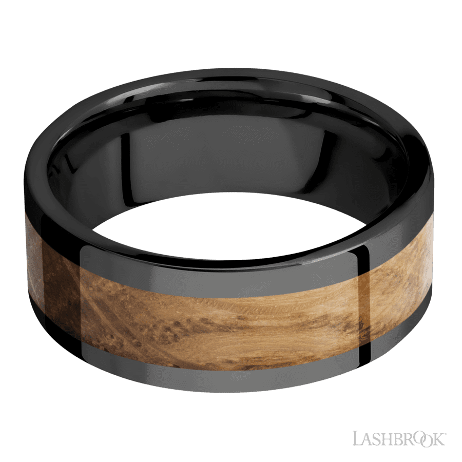 8 mm wide/Flat/Zirconium band with one 5 mm Centered inlay of Whiskey Barrel.