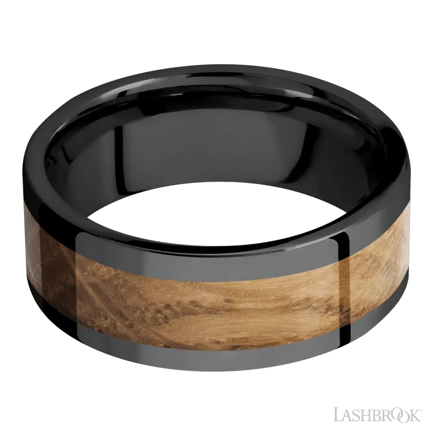 8 mm wide/Flat/Zirconium band with one 5 mm Centered inlay of Whiskey Barrel.