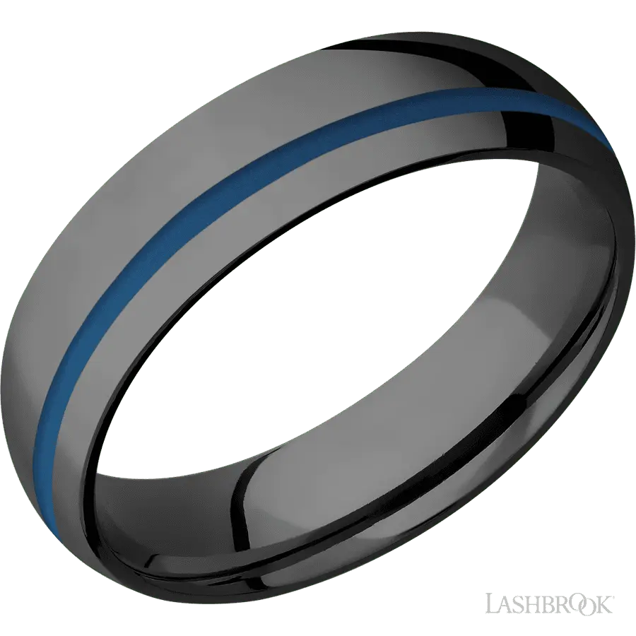 6 mm wide/Domed/Zirconium band with one 1 mm Off Center inlay of Ridgeway Blue.