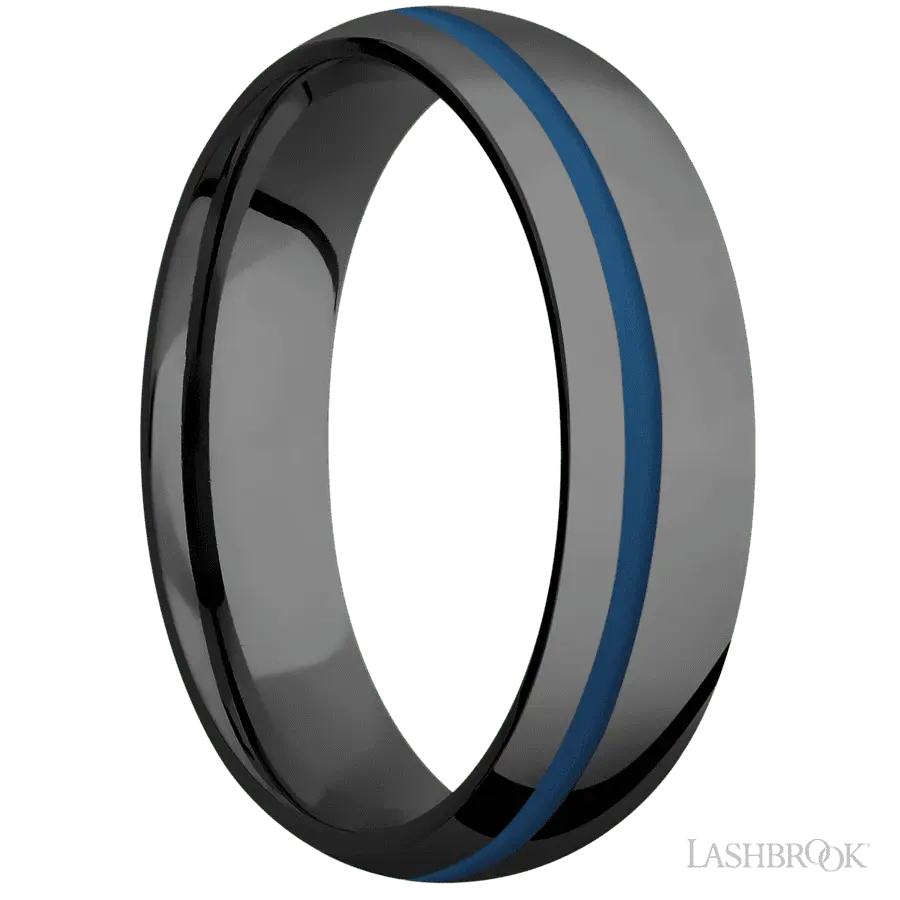 6 mm wide/Domed/Zirconium band with one 1 mm Off Center inlay of Ridgeway Blue.