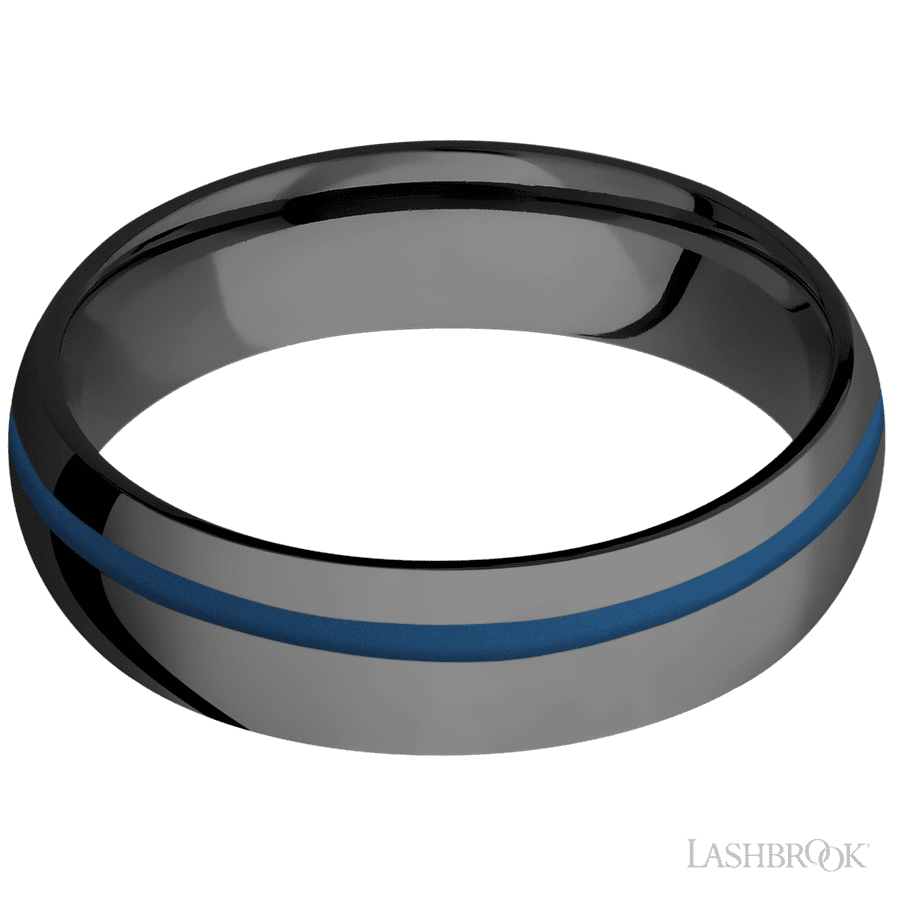 6 mm wide/Domed/Zirconium band with one 1 mm Off Center inlay of Ridgeway Blue.