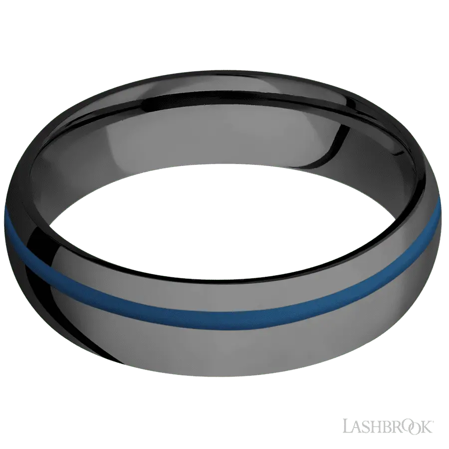 6 mm wide/Domed/Zirconium band with one 1 mm Off Center inlay of Ridgeway Blue.