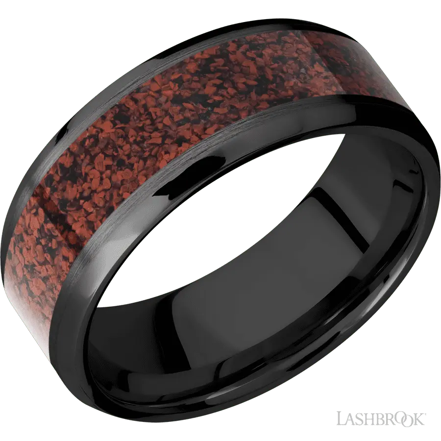 8 mm wide/Beveled/Zirconium band with one 5 mm Centered inlay of Dinosaur Bone Red. in Zirconium by Lashbrook | The Diamond S