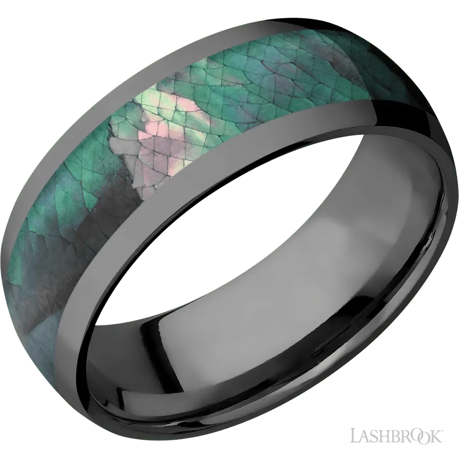 8 mm wide/Domed/Zirconium band with one 5 mm Centered inlay of Black Mother of Pearl. in Zirconium by Lashbrook | The Diamond