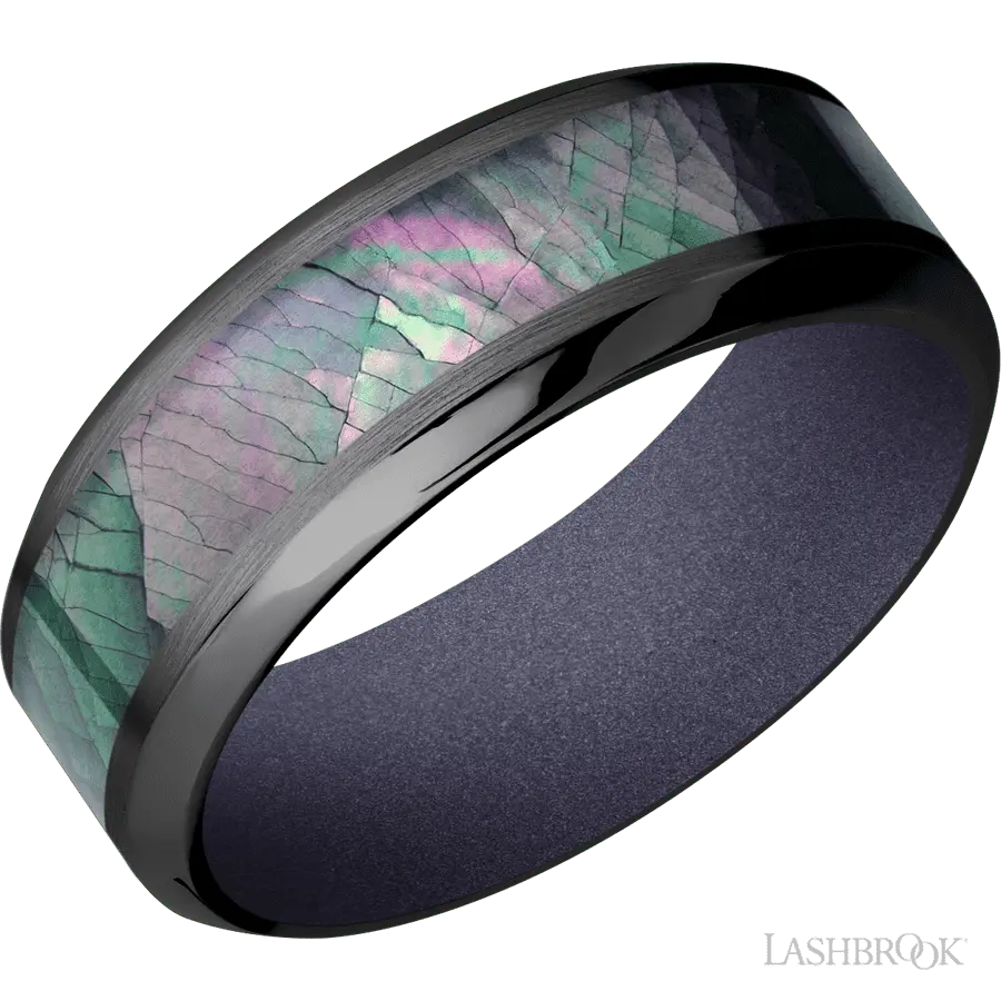 8 mm wide/High Bevel/Zirconium band with one 4 mm Centered inlay of Black Mother of Pearl also featuring a Crushed Orchid sle