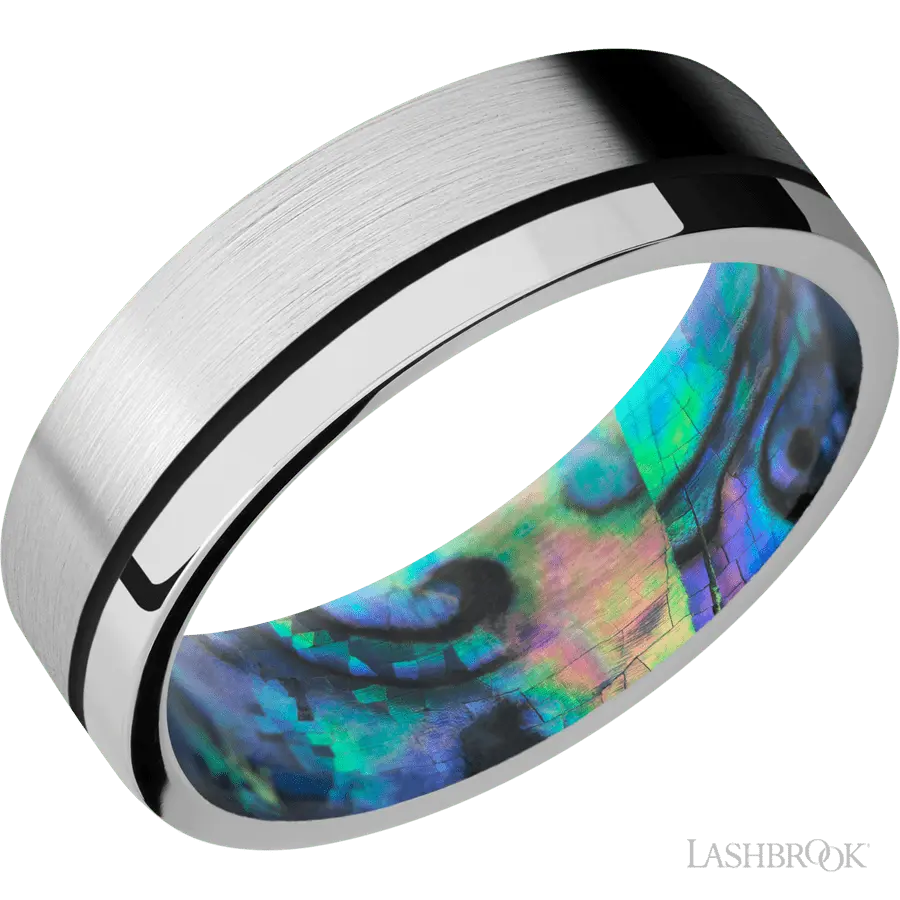 7 mm wide/Flat/14K White Gold band with one 0.5 mm Off Center inlay of Black also featuring a Abalone sleeve. in 14K White Go