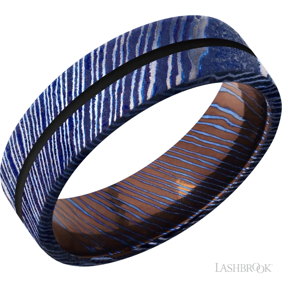 7 mm wide/Flat/Titanium Damascus band with one 1 mm Centered inlay of Black. by Lashbrook | The Diamond Store Las Vegas