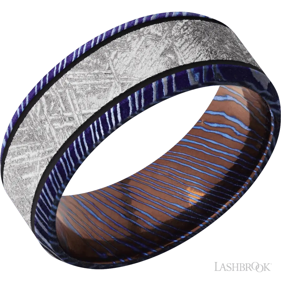 8 mm wide/Beveled/Titanium Damascus band with one 5 mm Centered inlay of Meteorite. by Lashbrook | The Diamond Store Las Vega