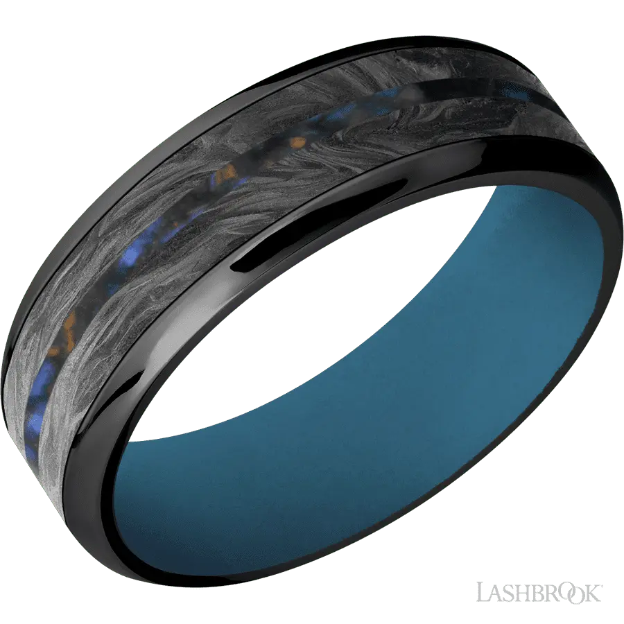 7 mm wide/Beveled/Zirconium band featuring inlays of Forged Carbon Fiber and Blue Tiger Eye also featuring a Royal Blue sleev