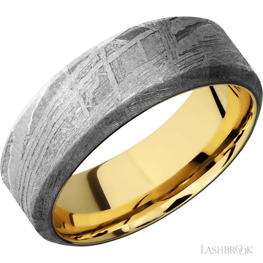 8 mm wide High Bevel Meteorite band featuring a 14K Yellow Gold sleeve. in Meteorite by Lashbrook | The Diamond Store Las Veg
