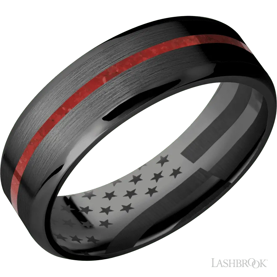7 mm wide/Beveled/Zirconium band with one 1 mm Centered inlay of Coral. in Zirconium by Lashbrook | The Diamond Store Las Veg