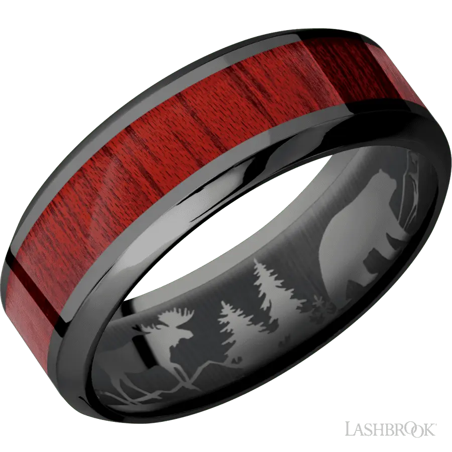 8 mm wide/High Bevel/Zirconium band with one 4 mm Centered inlay of Blood Wood. in Zirconium by Lashbrook | The Diamond Store