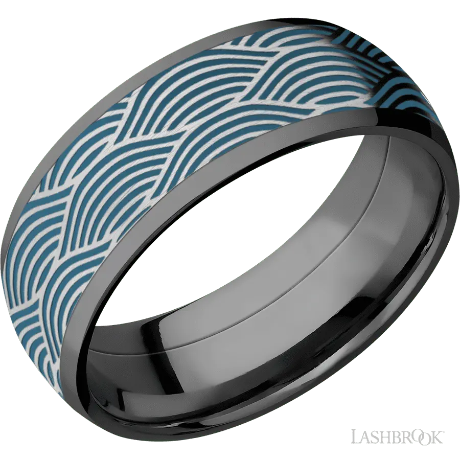 8 mm wide/Domed/Zirconium band with one 6 mm Centered inlay of Cobalt Chrome with a laser carved Navigator pattern. in Zircon