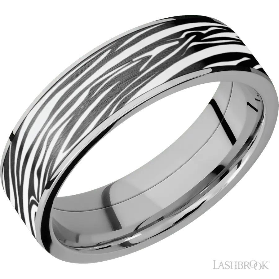 7 mm wide/Flat/Titanium band with one 6 mm Centered inlay of Zirconium with a laser carved Zebra pattern. in Titanium by Lash