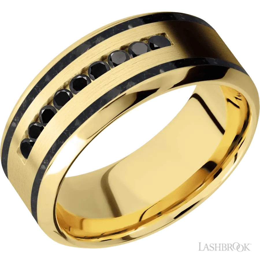 "9 mm wide/High Bevel/14K Yellow Gold band with two 1 mm Wide inlays of Black Onyx and featuring an arrangement of 9, .03 car