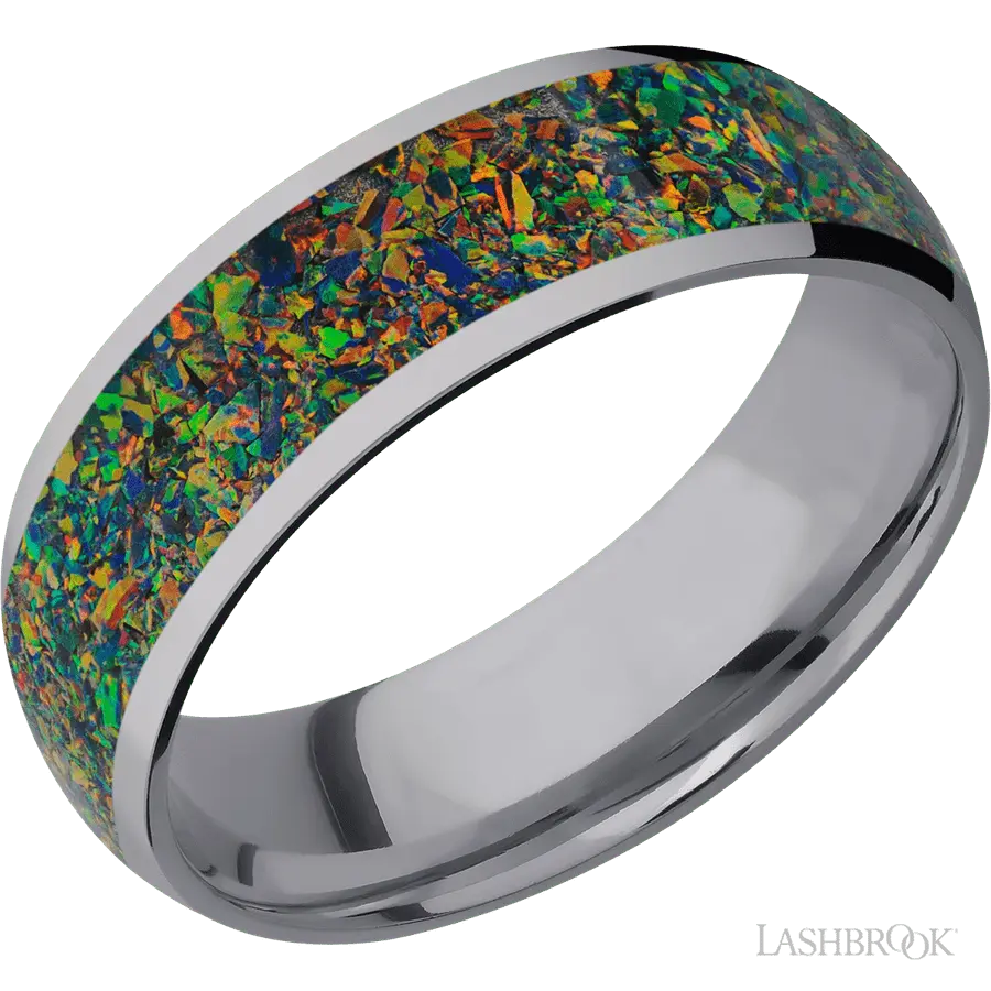 7 mm wide/Domed/Tantalum band with one 5 mm Centered inlay of Black Opal. in Tantalum by Lashbrook | The Diamond Store Las Ve