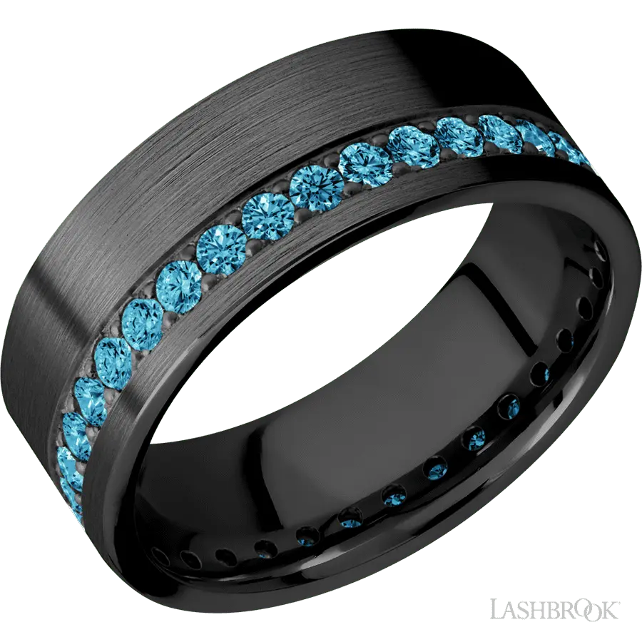 8 mm wide/Flat/Zirconium band with a Off Center Eternity arrangement of .03 carat Round Lab Blue Diamond stones in a Bead set