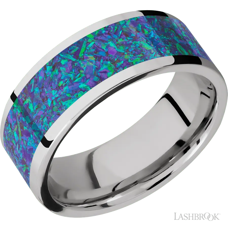 8 mm wide/Flat/Cobalt Chrome band with one 6 mm Centered inlay of Blue Green Opal. in Cobalt by Lashbrook | The Diamond Store