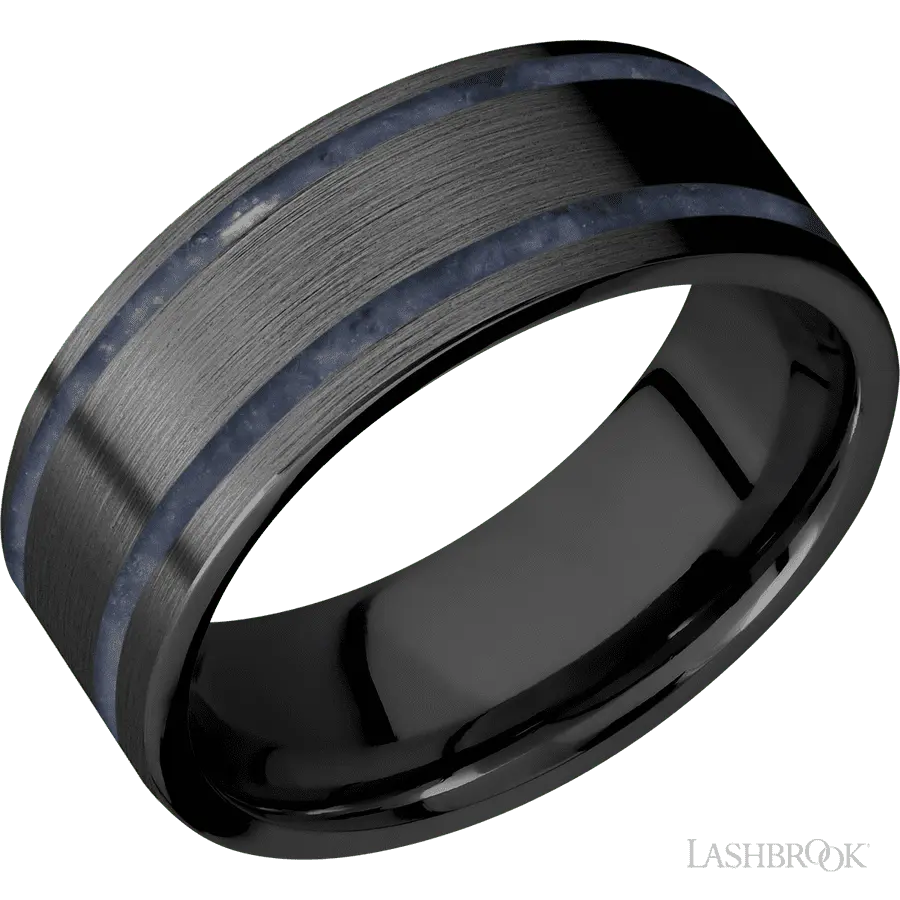 8 mm wide/Flat/Zirconium band with two 1 mm Wide inlays of Sodalite. in Zirconium by Lashbrook | The Diamond Store Las Vegas