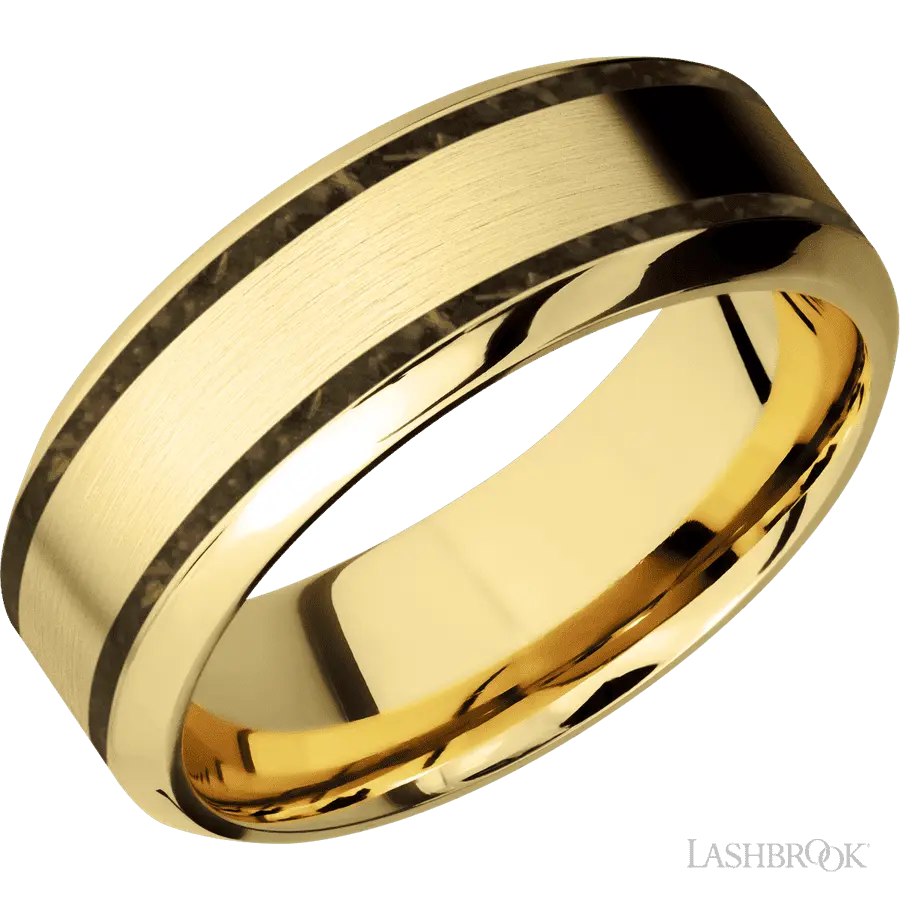 8 mm wide/High Bevel/14K Yellow Gold band with two 1 mm Wide inlays of Gold Tiger Eye. in 14K Yellow Gold by Lashbrook | The