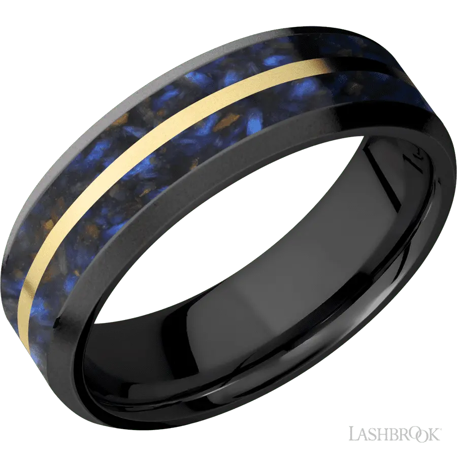 7 mm wide/Beveled/Zirconium band featuring inlays of Blue Tiger Eye and 14K Yellow Gold. in Zirconium by Lashbrook | The Diam