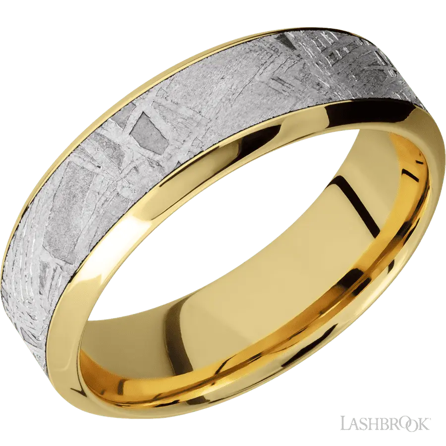 7 mm wide/High Bevel/18K Yellow Gold band with one 4 mm Centered inlay of Meteorite. by Lashbrook | The Diamond Store Las Veg