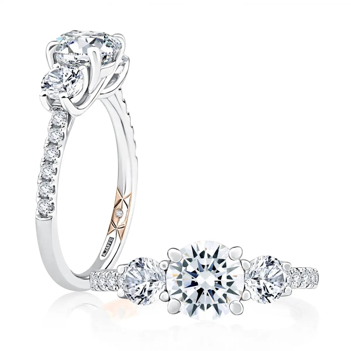 Three Stone Trellis Diamond Engagement Ring with Pave Diamond Band<br><span style="font-size:15px;">Style: MECRD2541/265</span>
