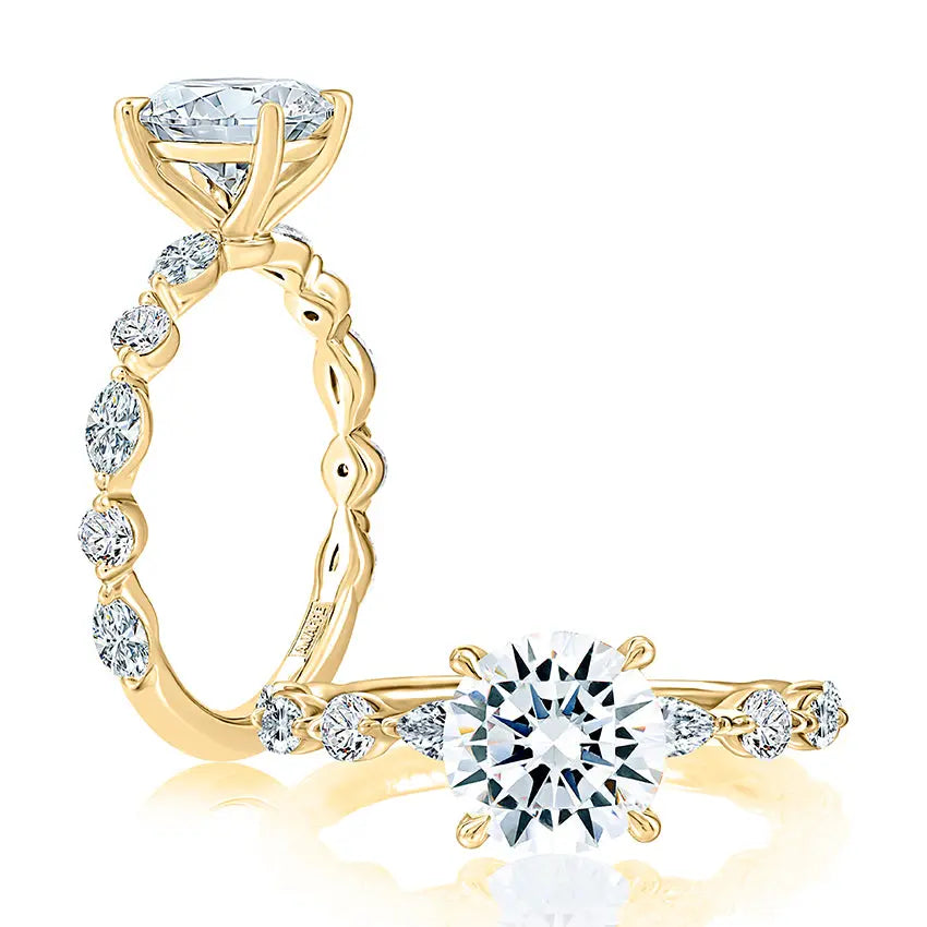 Classic Round Center Stone Diamond Engagment Ring with Alternating Shape Stones Band<br><span style="font-size:15px;">Style: MECRD2929T/162</span>