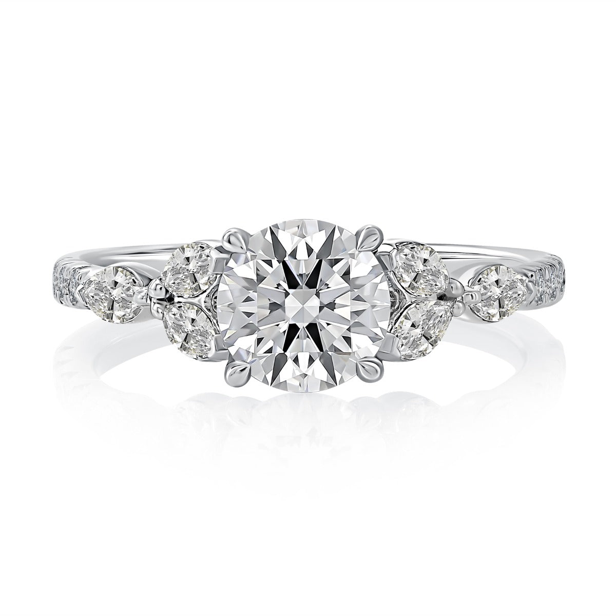 Floral Inspired Round Engagement Ring with Marquise Side Stones<br><span style="font-size:15px;">Style: MECRD3536/349</span>