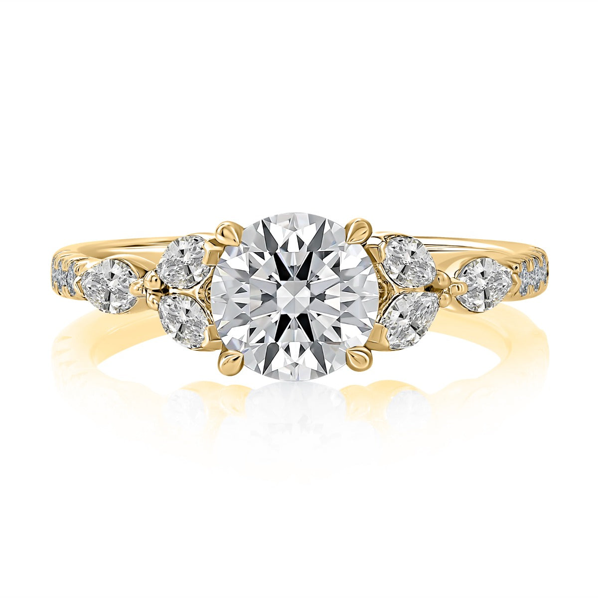 Floral Inspired Round Engagement Ring with Marquise Side Stones<br><span style="font-size:15px;">Style: MECRD3536/349</span>