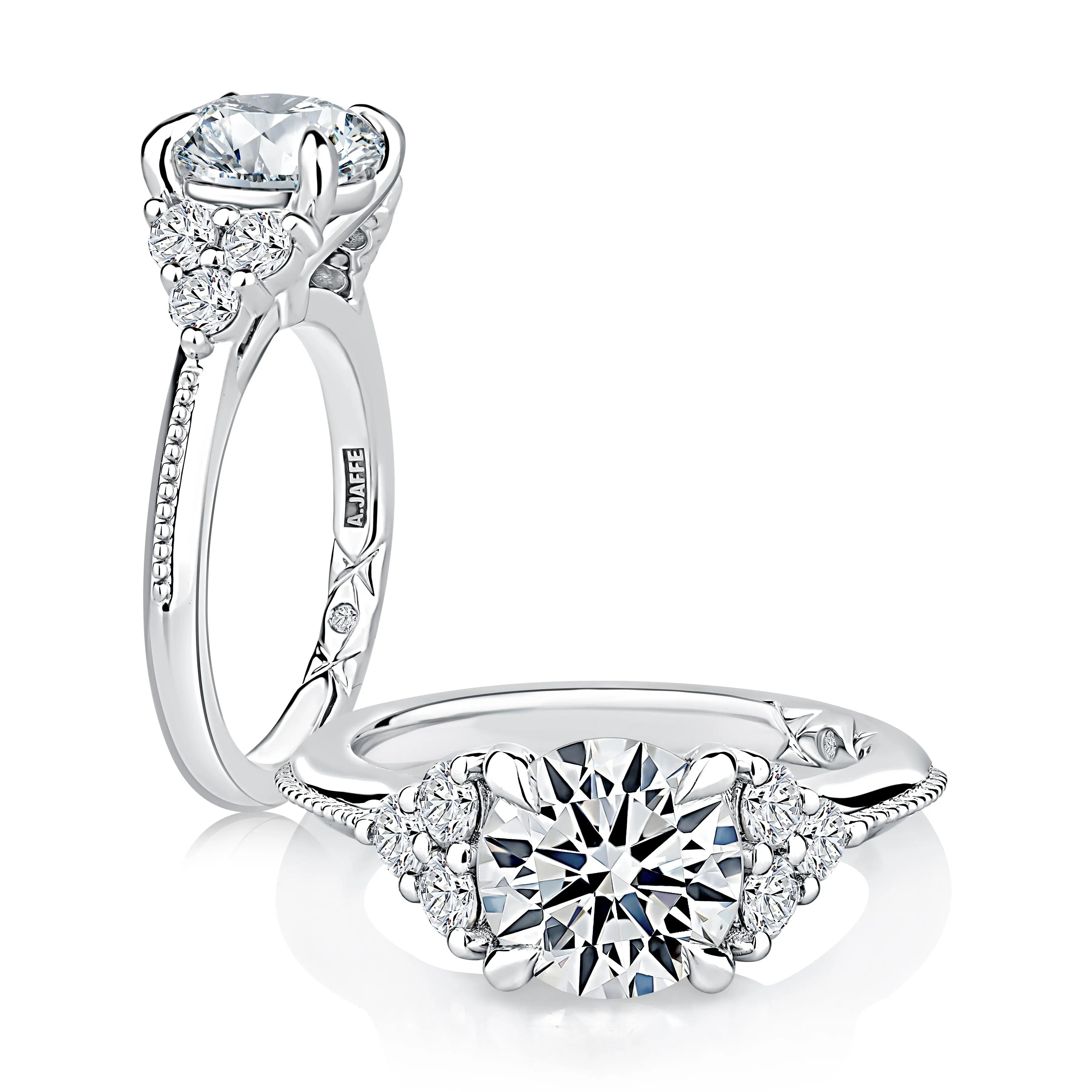 Round Center Diamond Engagement Ring with Milgrain-Accented Flanked Diamond Band<br><span style="font-size:15px;">Style: MECRD3730L/247</span>