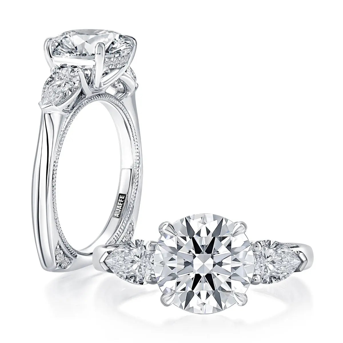 Milgrain Three Stone Diamond Engaement Ring with Round Center Stone with Signature Shank® Band<br><span style="font-size:15px;">Style: MESNRD3815/378</span>