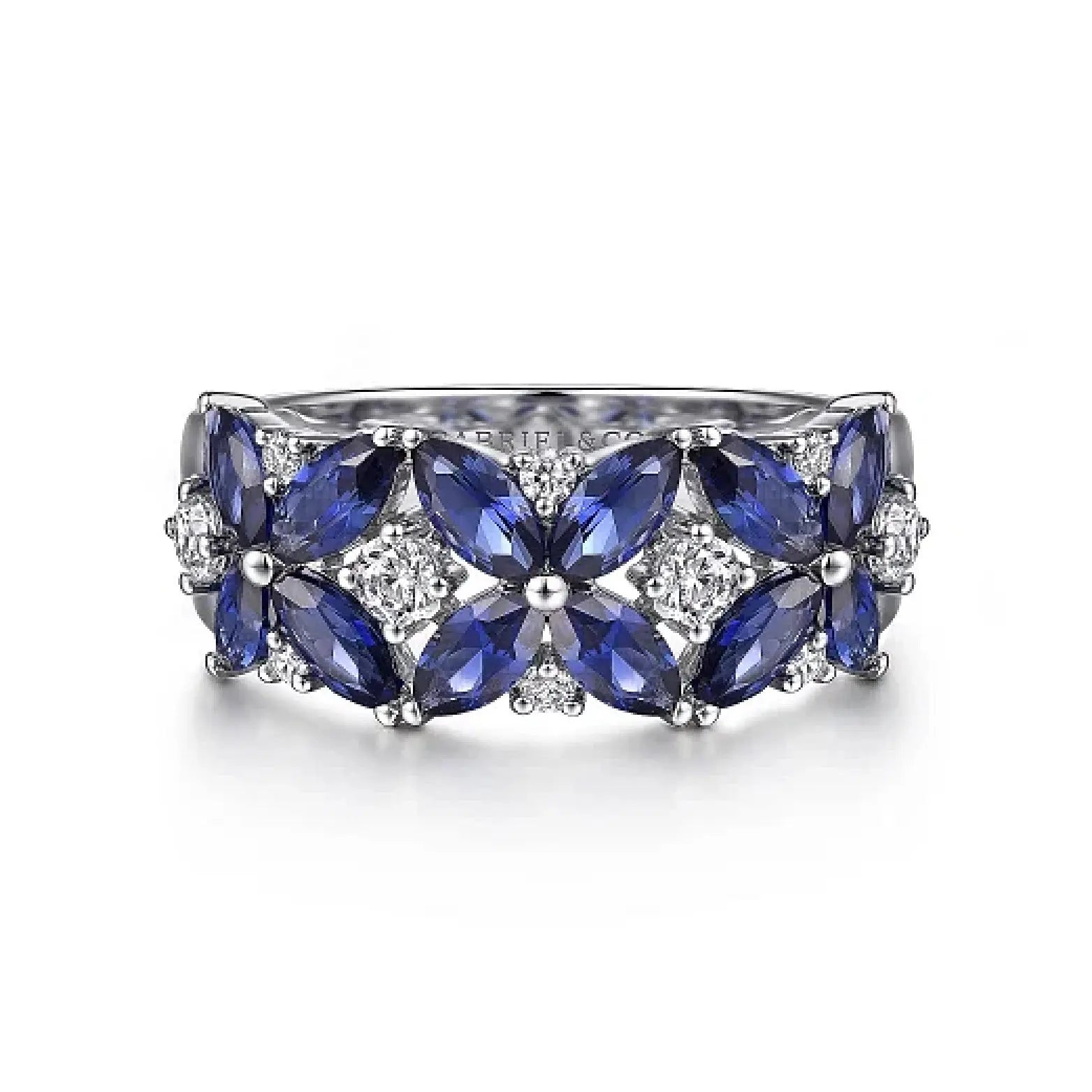 14K White Gold Diamond & Blue Sapphire Floral Ring - THEDIAMONDSTORE
