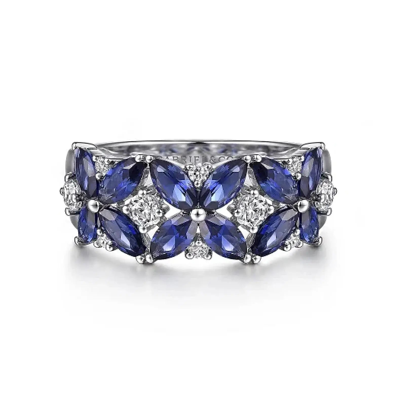 14K White Gold Diamond & Blue Sapphire Floral Ring by THEDIAMONDSTORE | The Diamond Store Las Vegas